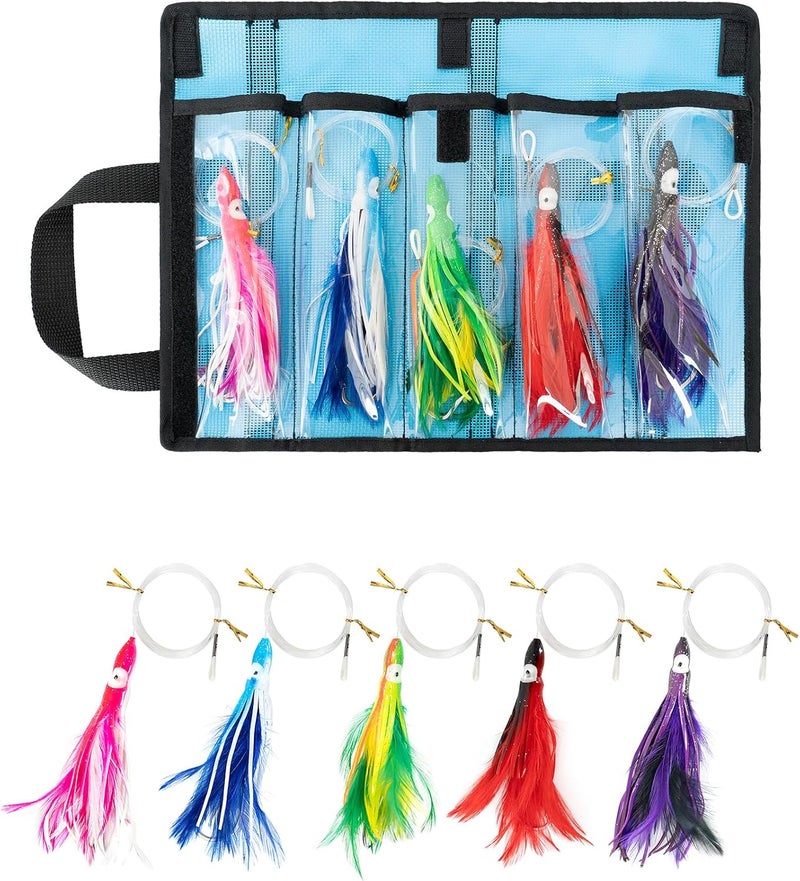 BLUEWING 5 Pack Tuna Feather Squid Lure Set Fishing Teaser with 4in/6in Feathered Trolling Octopus and Stainless Steel Hook for Mahi Wahoo Marlin Big Game - Image 1